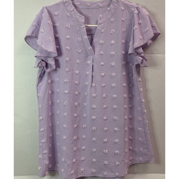 V Neck Ruffle Short Sleeve Blouse Swiss Dot Flowy Shirt Tunic Top Sz S - Picture 2 of 6